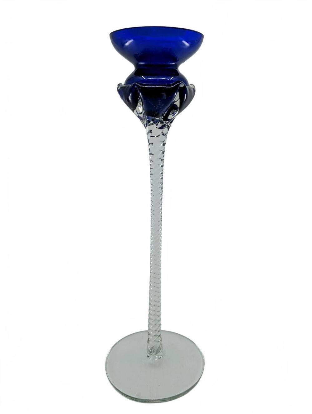Vintage Romanian Crystal Cobalt Blue Clear Glass Tall Candlestick Holder